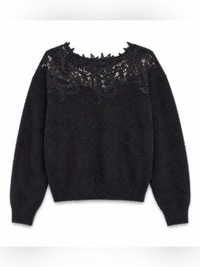 Women’s Black Lace Sweater Size 6 Floral Crochet Neck Fuzzy Knit Long Sleeve Top